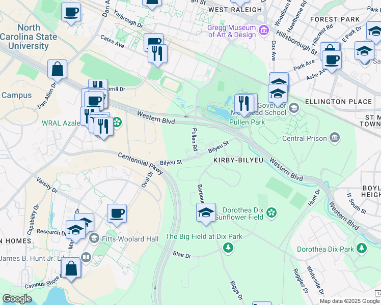 map of restaurants, bars, coffee shops, grocery stores, and more near 720 Bilyeu Street in Raleigh