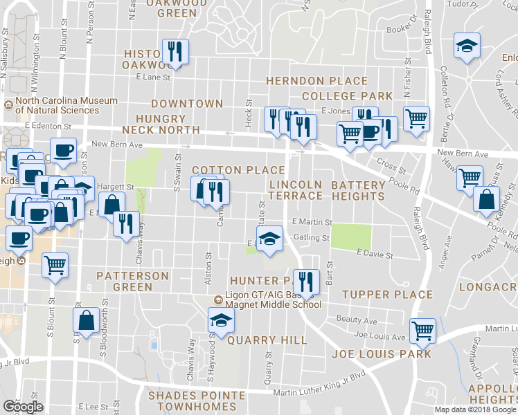 map of restaurants, bars, coffee shops, grocery stores, and more near 212 South State Street in Raleigh