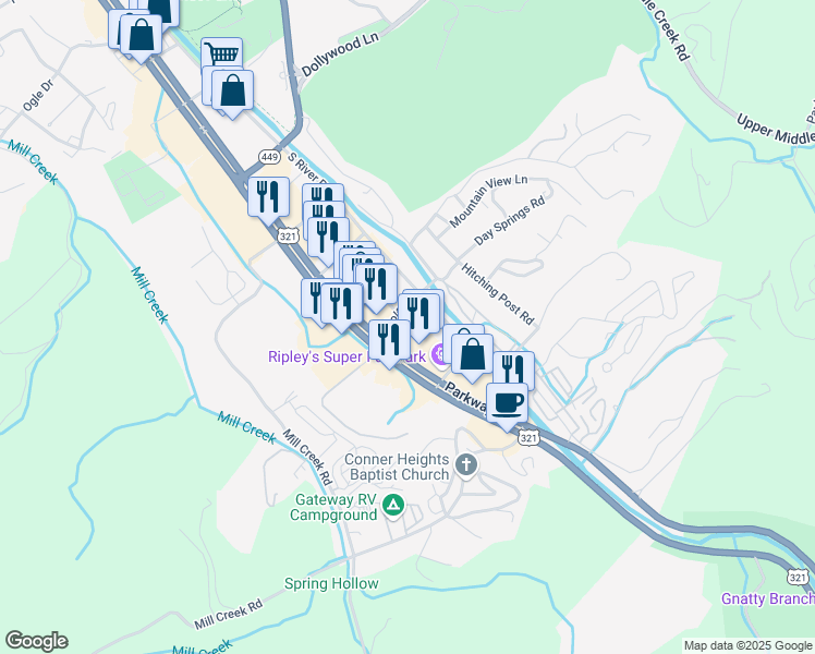 map of restaurants, bars, coffee shops, grocery stores, and more near 4025 Parkway in Pigeon Forge