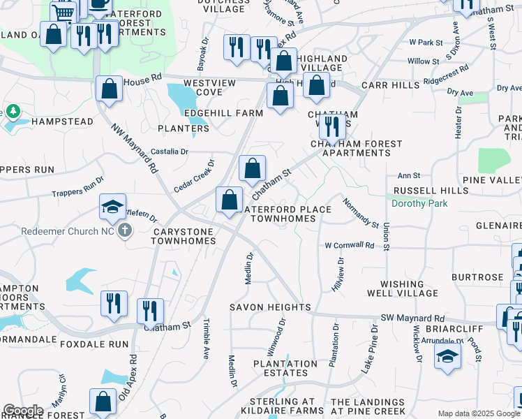 map of restaurants, bars, coffee shops, grocery stores, and more near 111 Granby Court in Cary