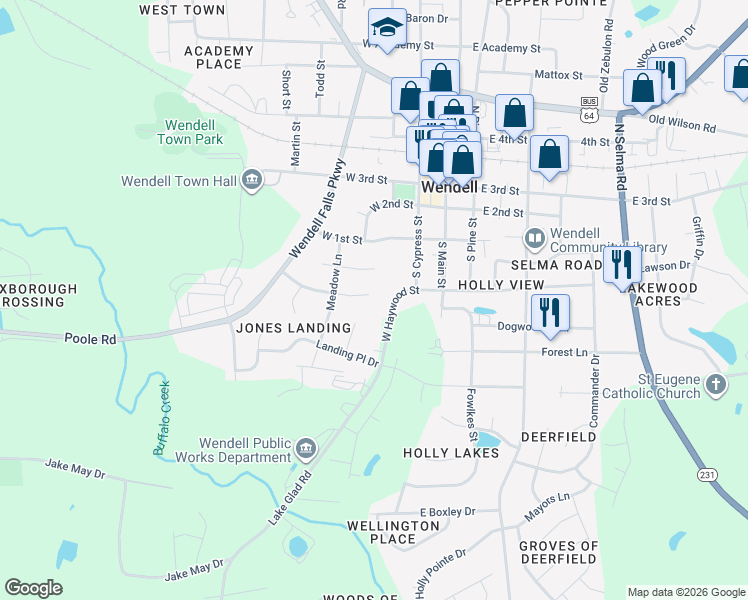 map of restaurants, bars, coffee shops, grocery stores, and more near 1 Jones Wood Court in Wendell