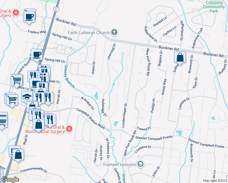 map of restaurants, bars, coffee shops, grocery stores, and more near 1169 McCoury Lane in Spring Hill