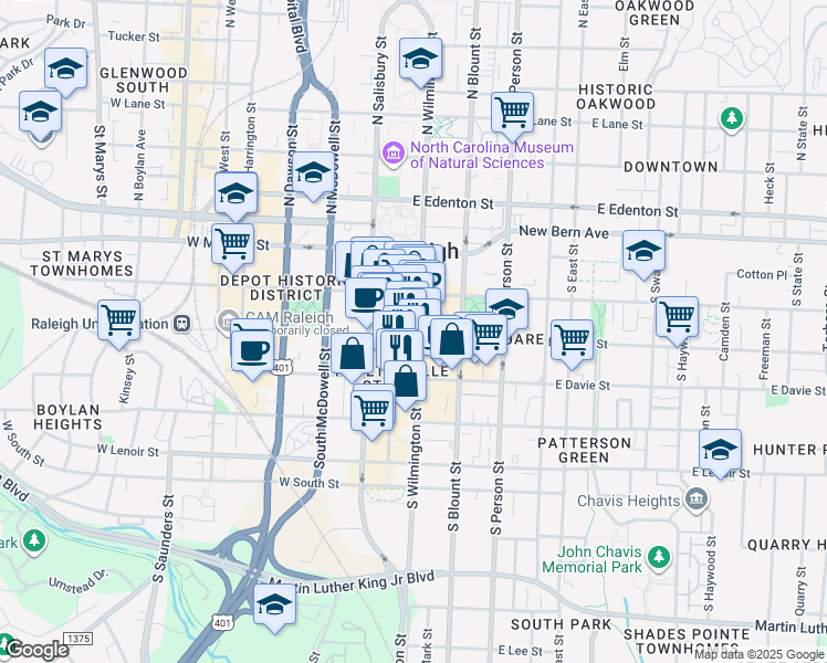 map of restaurants, bars, coffee shops, grocery stores, and more near 301 Fayetteville Street in Raleigh