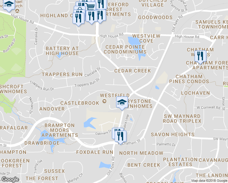 map of restaurants, bars, coffee shops, grocery stores, and more near 114 Castlefern Drive in Cary