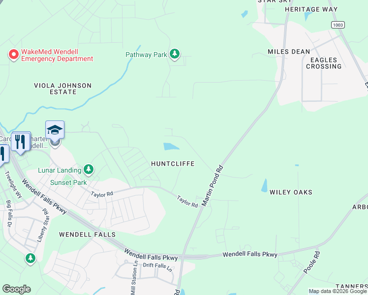 map of restaurants, bars, coffee shops, grocery stores, and more near 1124 Sandrock Lane in Wendell