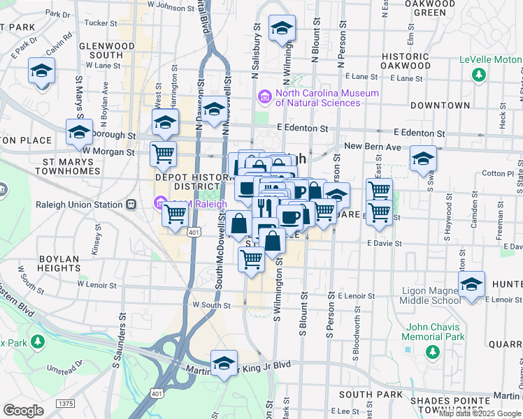 map of restaurants, bars, coffee shops, grocery stores, and more near 301 Fayetteville Street in Raleigh