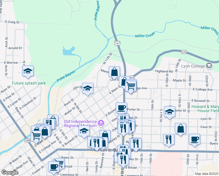 map of restaurants, bars, coffee shops, grocery stores, and more near 175 South 12th Street in Batesville
