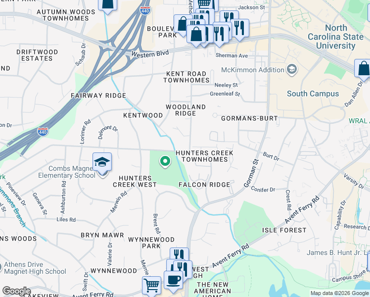 map of restaurants, bars, coffee shops, grocery stores, and more near 4409 Kaplan Drive in Raleigh