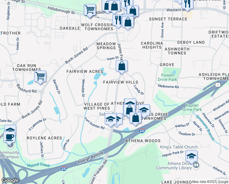 map of restaurants, bars, coffee shops, grocery stores, and more near 332 Jones Franklin Road in Raleigh