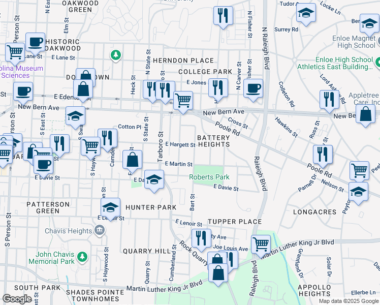 map of restaurants, bars, coffee shops, grocery stores, and more near 202 Bart Street in Raleigh