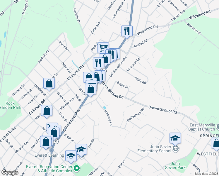 map of restaurants, bars, coffee shops, grocery stores, and more near 229 Brown School Road in Maryville