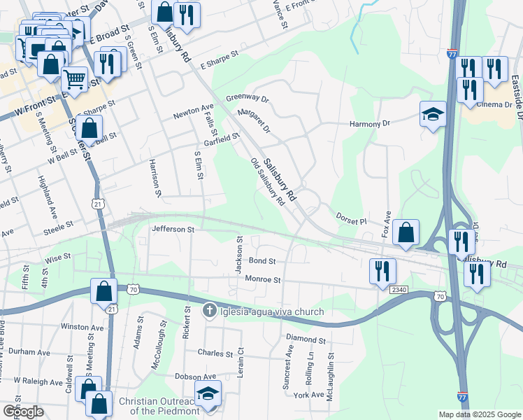 map of restaurants, bars, coffee shops, grocery stores, and more near 719 Hunt Street in Statesville