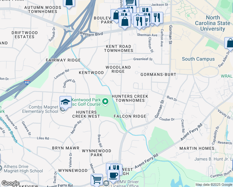 map of restaurants, bars, coffee shops, grocery stores, and more near 1434 Kent Road in Raleigh