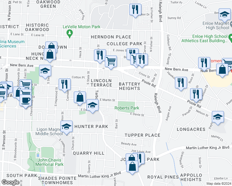 map of restaurants, bars, coffee shops, grocery stores, and more near 202 Bart Street in Raleigh