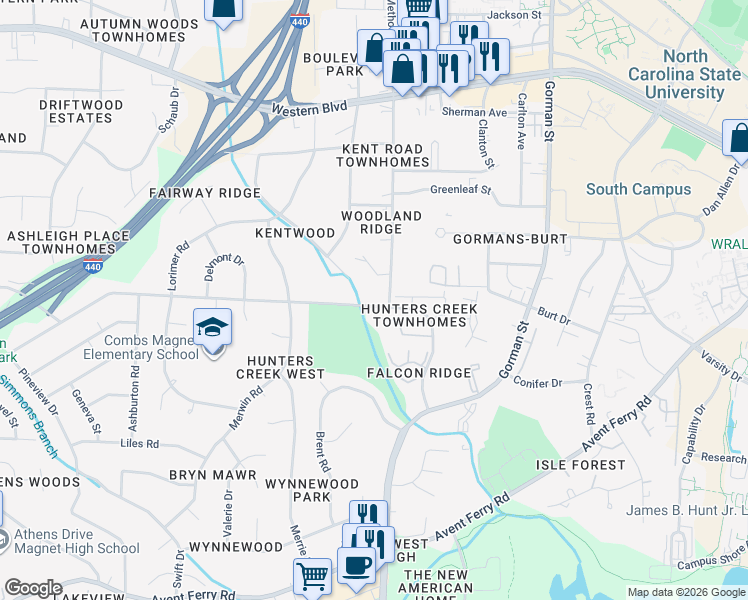 map of restaurants, bars, coffee shops, grocery stores, and more near 1432 Kent Road in Raleigh