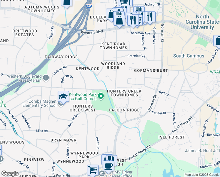map of restaurants, bars, coffee shops, grocery stores, and more near 1430 Kent Road in Raleigh