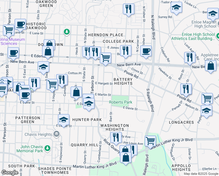 map of restaurants, bars, coffee shops, grocery stores, and more near 202 Bart Street in Raleigh