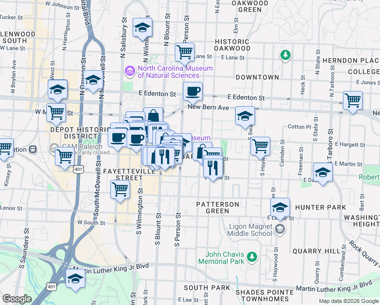 map of restaurants, bars, coffee shops, grocery stores, and more near 301 South Person Street in Raleigh