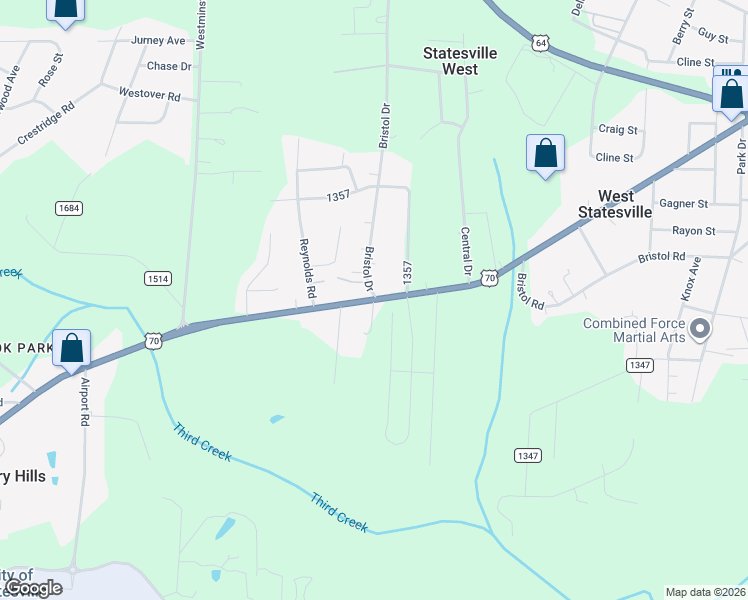 map of restaurants, bars, coffee shops, grocery stores, and more near 2803 Hickory Highway in Statesville