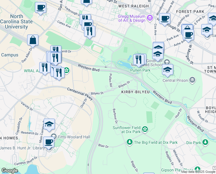 map of restaurants, bars, coffee shops, grocery stores, and more near 2229-2239 Bender Street in Raleigh