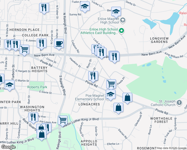 map of restaurants, bars, coffee shops, grocery stores, and more near 323 Kennedy Street in Raleigh