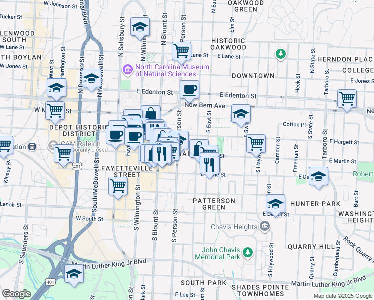 map of restaurants, bars, coffee shops, grocery stores, and more near 301 South Person Street in Raleigh
