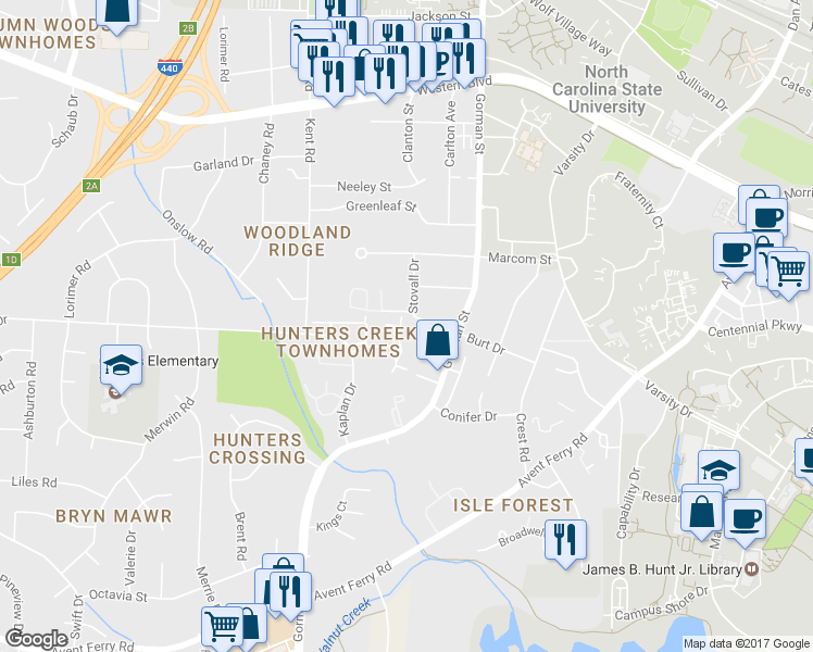map of restaurants, bars, coffee shops, grocery stores, and more near 1811 Fox Sterling Drive in Raleigh