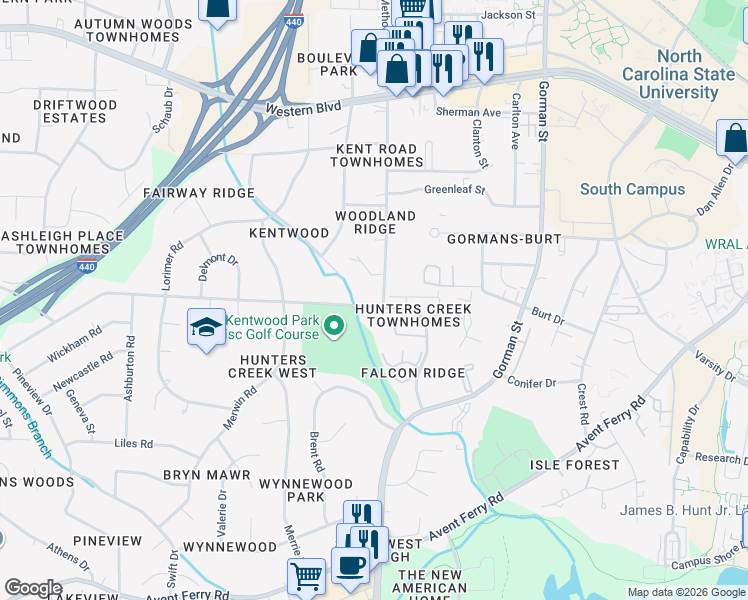 map of restaurants, bars, coffee shops, grocery stores, and more near 4409 Kaplan Drive in Raleigh