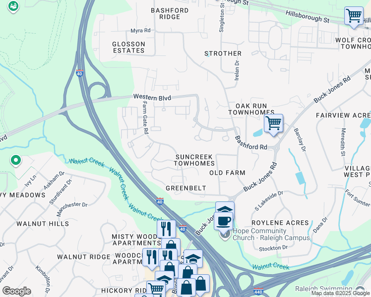 map of restaurants, bars, coffee shops, grocery stores, and more near 5911 Westcreek Place in Raleigh