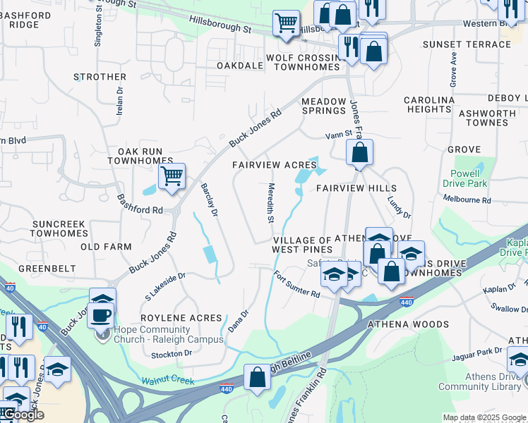 map of restaurants, bars, coffee shops, grocery stores, and more near 342 Meredith Street in Raleigh