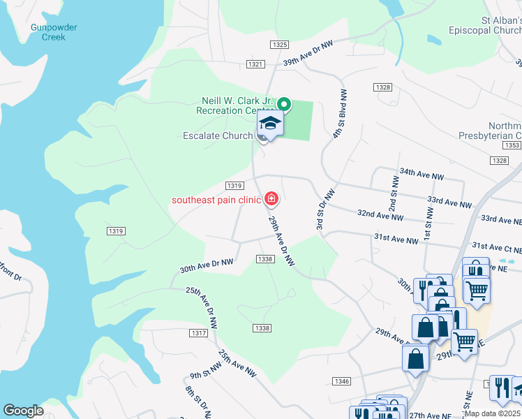 map of restaurants, bars, coffee shops, grocery stores, and more near 541 29th Avenue Drive Northwest in Hickory