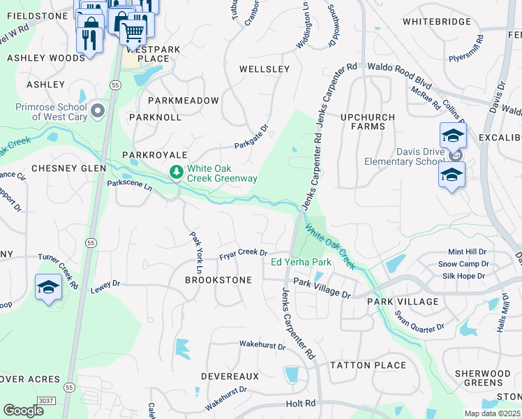 map of restaurants, bars, coffee shops, grocery stores, and more near 214 Lewey Brook Drive in Cary