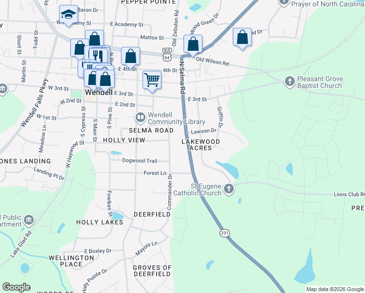 map of restaurants, bars, coffee shops, grocery stores, and more near 226 South Selma Road in Wendell