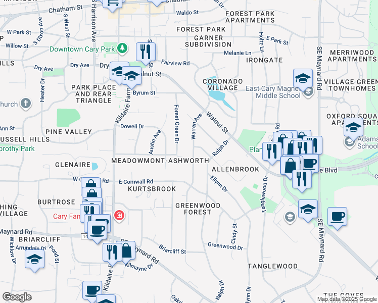 map of restaurants, bars, coffee shops, grocery stores, and more near 802 Warren Avenue in Cary