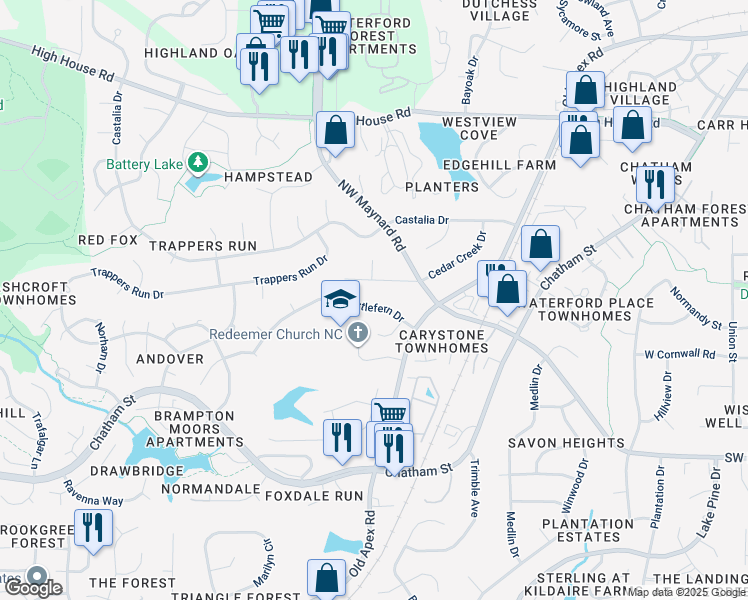 map of restaurants, bars, coffee shops, grocery stores, and more near 114 Castlefern Drive in Cary