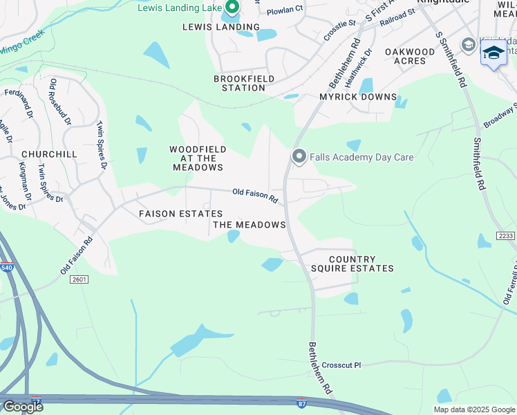 map of restaurants, bars, coffee shops, grocery stores, and more near 4217 Old Faison Road in Knightdale