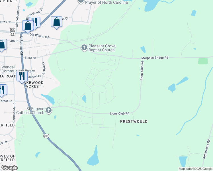 map of restaurants, bars, coffee shops, grocery stores, and more near 201 Suburban Meadow Pass in Wendell