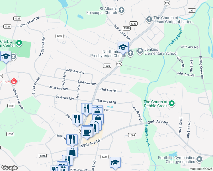 map of restaurants, bars, coffee shops, grocery stores, and more near 85 33rd Avenue Northwest in Hickory