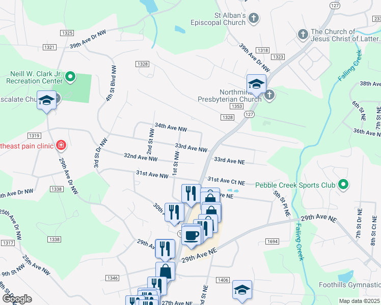 map of restaurants, bars, coffee shops, grocery stores, and more near 33 33rd Avenue Northwest in Hickory