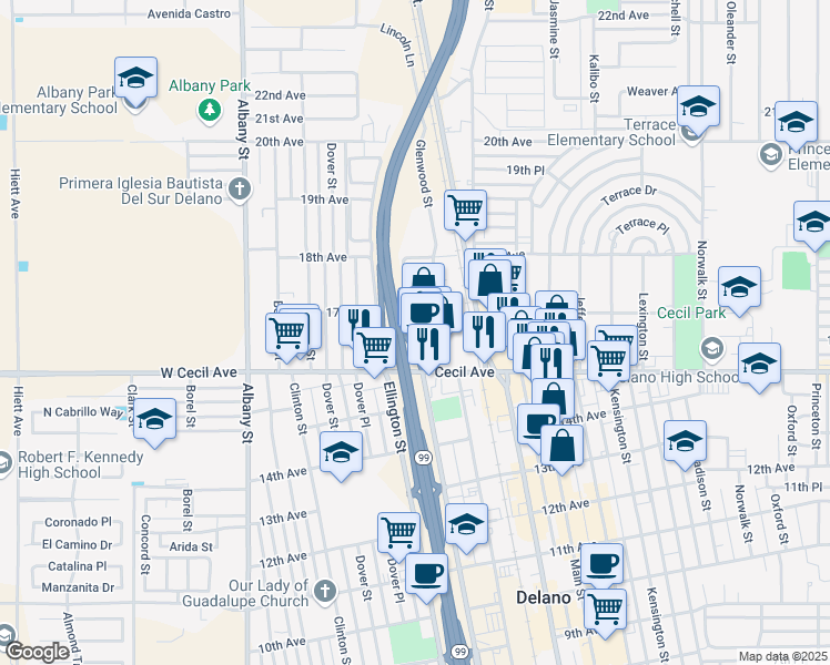 map of restaurants, bars, coffee shops, grocery stores, and more near 611 Cecil Avenue in Delano