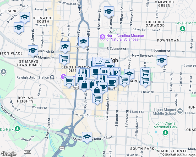 map of restaurants, bars, coffee shops, grocery stores, and more near 314 South Salisbury Street in Raleigh