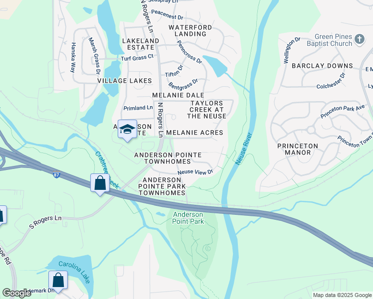 map of restaurants, bars, coffee shops, grocery stores, and more near 5317 Neuse Ridge Road in Raleigh