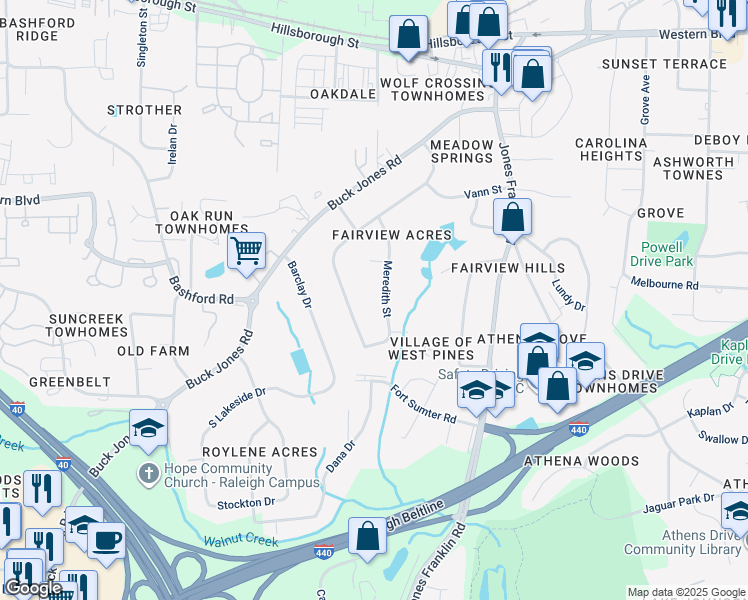 map of restaurants, bars, coffee shops, grocery stores, and more near 342 Meredith Street in Raleigh