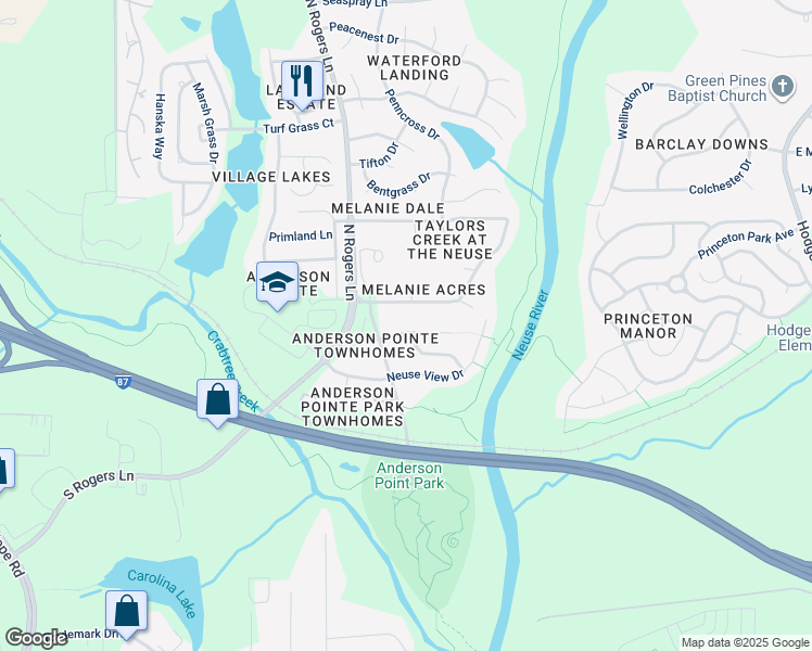 map of restaurants, bars, coffee shops, grocery stores, and more near 5317 Neuse Ridge Road in Raleigh