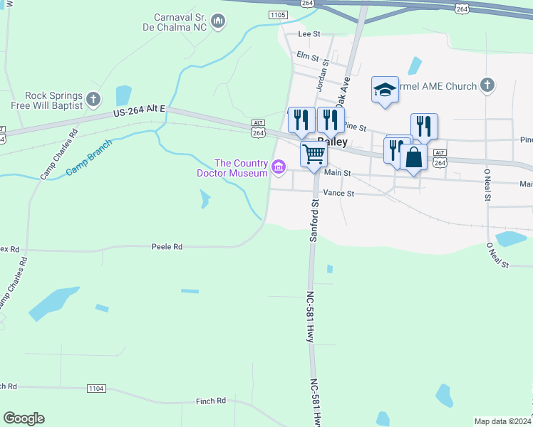 map of restaurants, bars, coffee shops, grocery stores, and more near Old Middlesex Road in Bailey