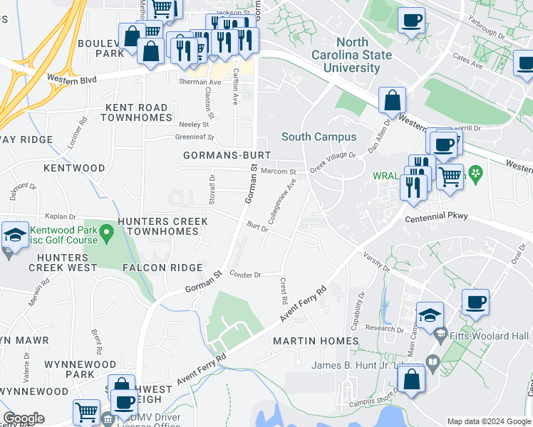 map of restaurants, bars, coffee shops, grocery stores, and more near 1512 Collegeview Avenue in Raleigh