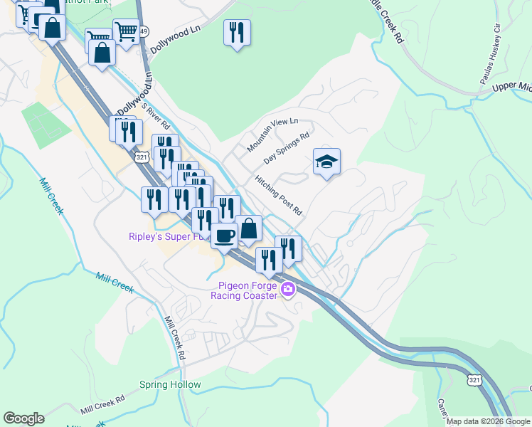 map of restaurants, bars, coffee shops, grocery stores, and more near 304 Day Springs Road in Pigeon Forge
