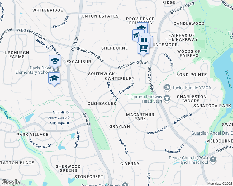 map of restaurants, bars, coffee shops, grocery stores, and more near 103 Trailview Drive in Cary