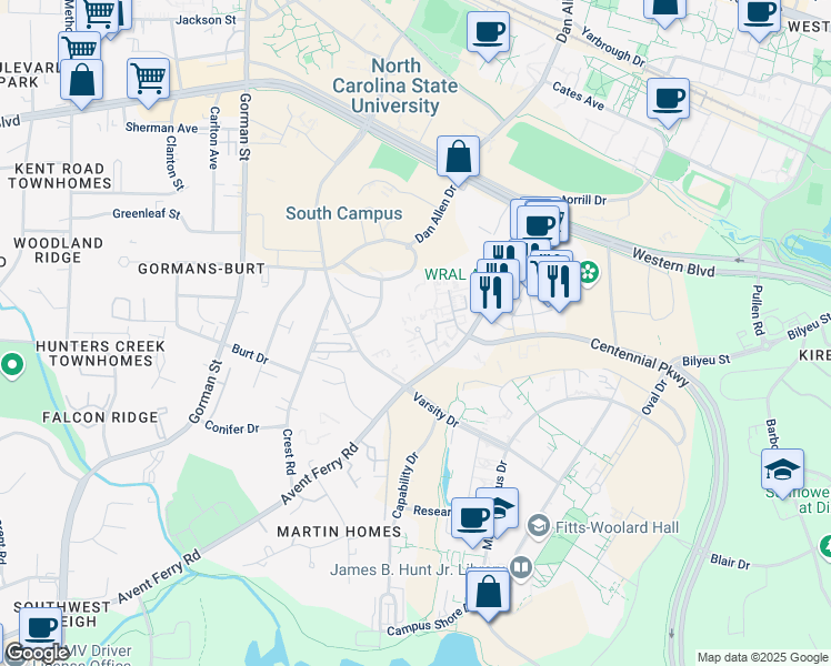 map of restaurants, bars, coffee shops, grocery stores, and more near 1550 Lilley Court in Raleigh