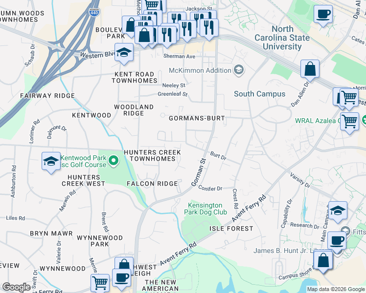 map of restaurants, bars, coffee shops, grocery stores, and more near 1811 Fox Sterling Drive in Raleigh